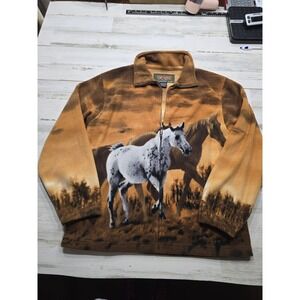 Trail Crest Mens Large Horse Fleece Jacket Full Zip Graphic‎ Print Brown Orange